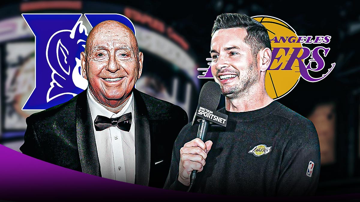 LA Lakers coach JJ Redick alongside sports broadcaster Dick Vitale. Have the LA Lakers logo and Duke Blue Devils logo in the background.