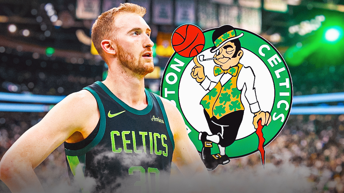 Boston Celtics player Sam Hauser with the Celtics logo in the background record Jazz