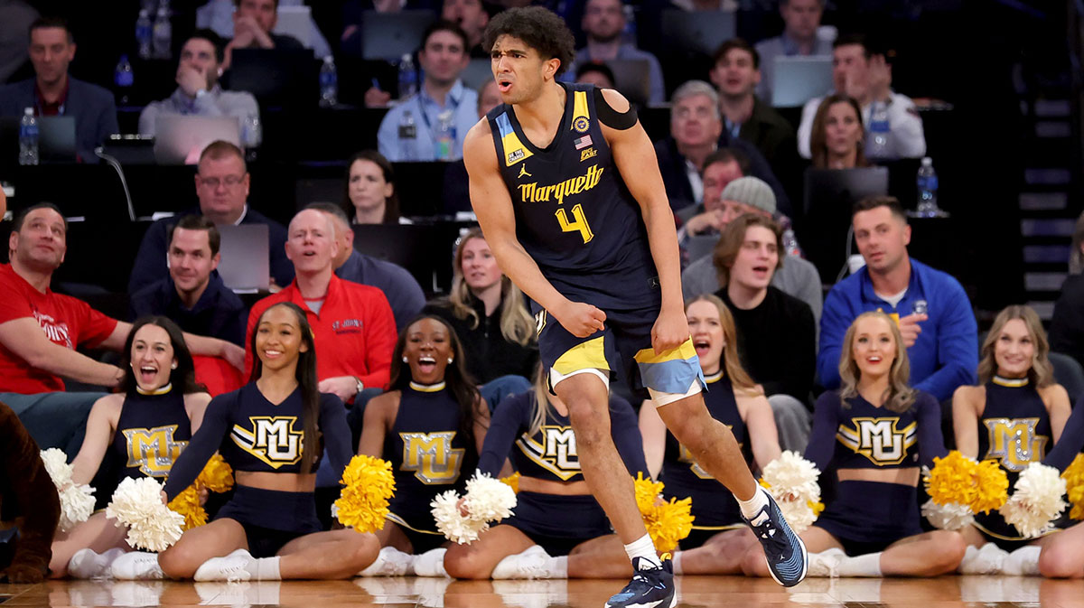 Marquette Golden Eagles guard Stevie Mitchell (4) reacts during the second half against the Xavier Musketeers at Madison Square Garden.