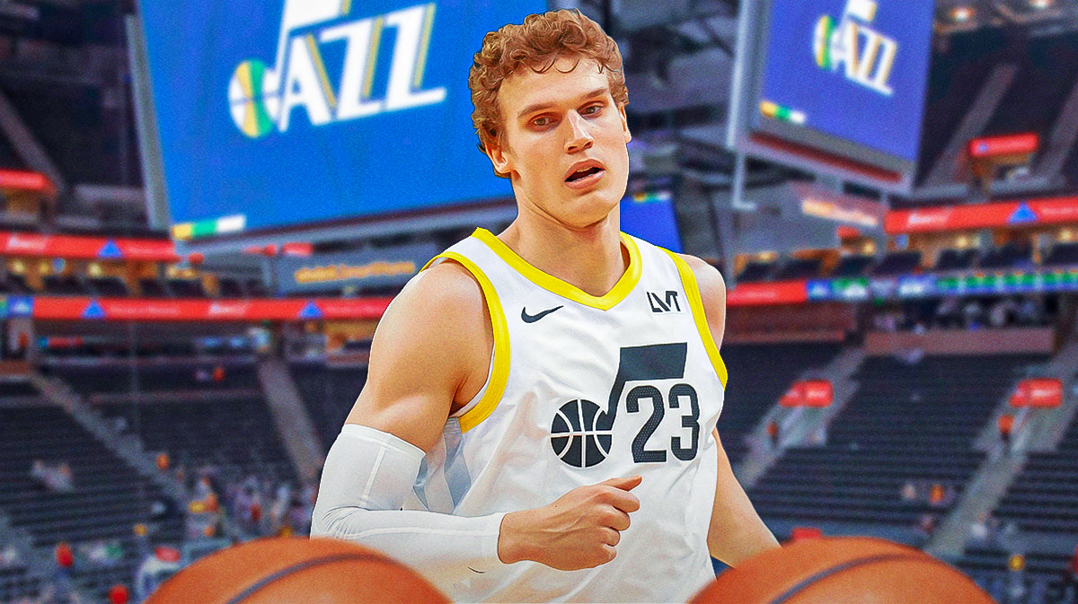 Utah Jazz player Lauri Markkanen with the Jazz arena in the background, future