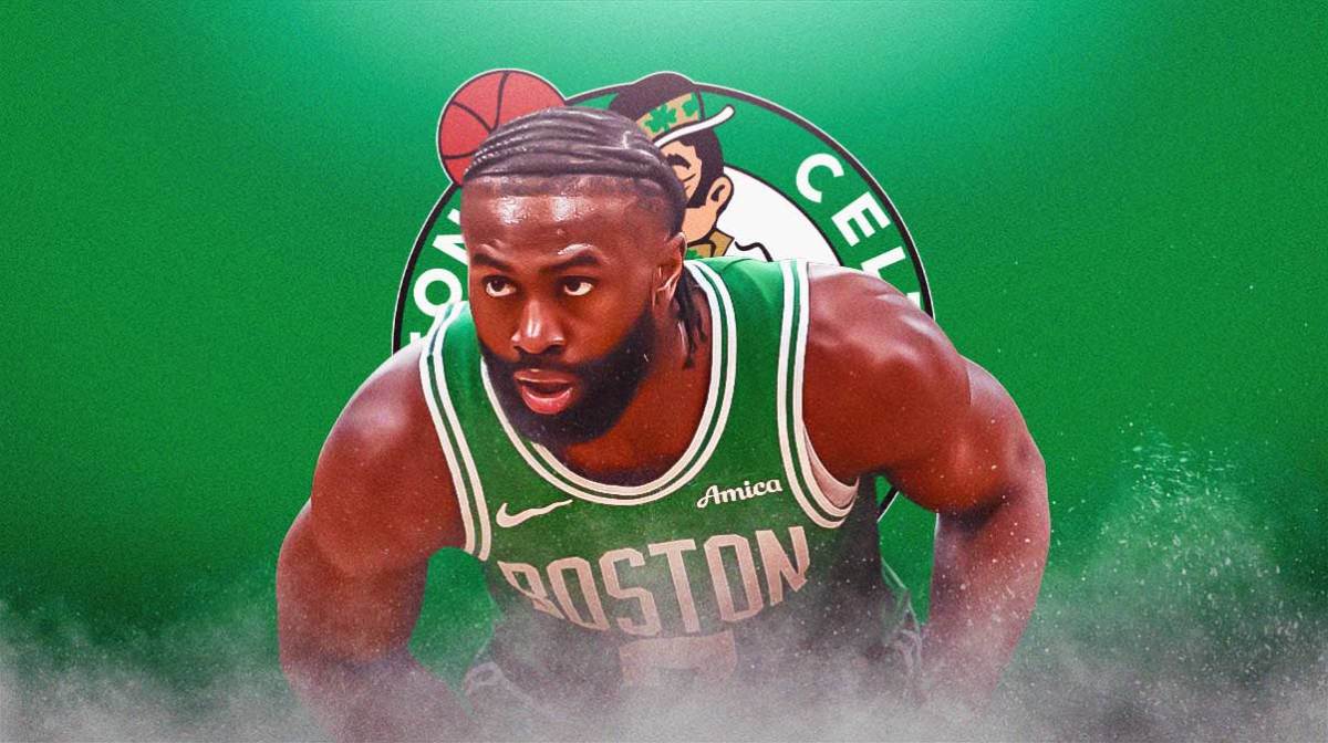 Boston Celtics player Jaylen Brown with the Celtics logo in the background, Nets injury