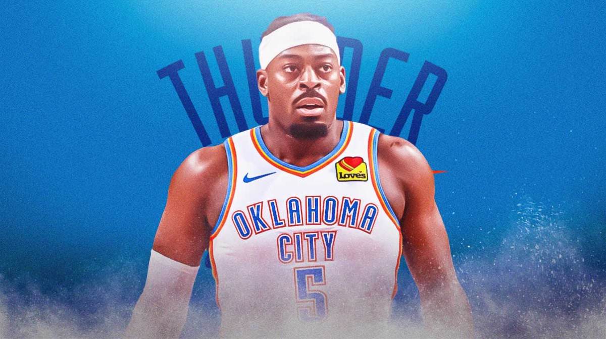 OKC Thunder player Lu Dort with the Thunder logo in the background, injury