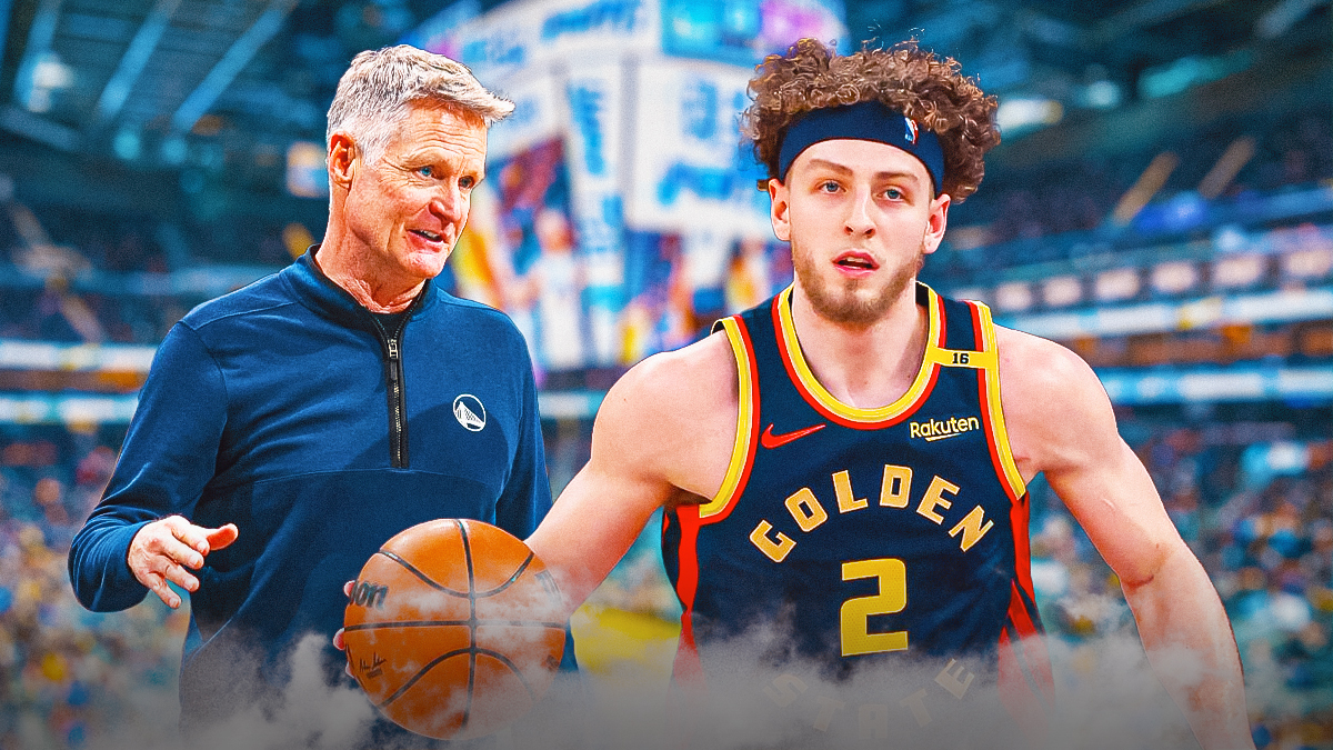 Golden State Warriors player Brandin Podziemski alongside Warriors head coach Steve Kerr. Have the Warriors arena in the background, injury