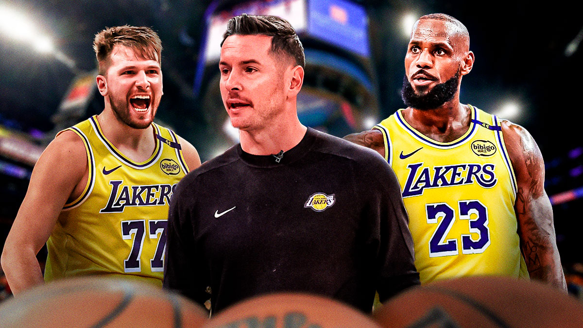 LA Lakers coach JJ Redick in the middle of the picture. Have LA Lakers player LeBron James on one side of him and LA Lakers player Luka Doncic on the other side. Have the Lakers arena in the background, injury