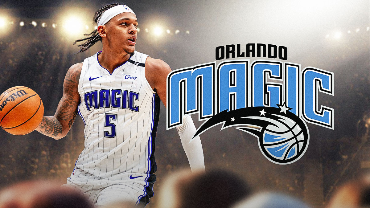 Orlando Magic player Paolo Banchero with the Orlando Magic logo in the background, Cavaliers