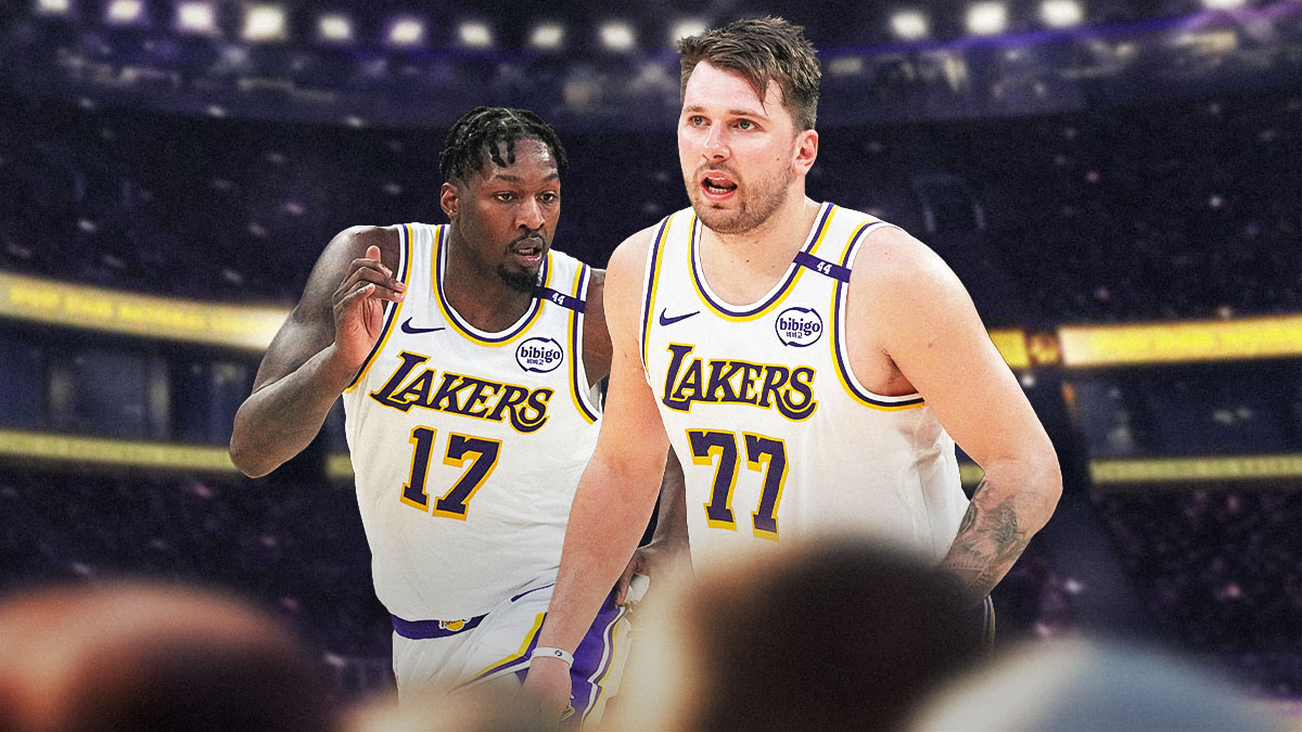 LA Lakers players Luka Doncic and Dorian Finney-Smith with the LA Lakers arena in the background