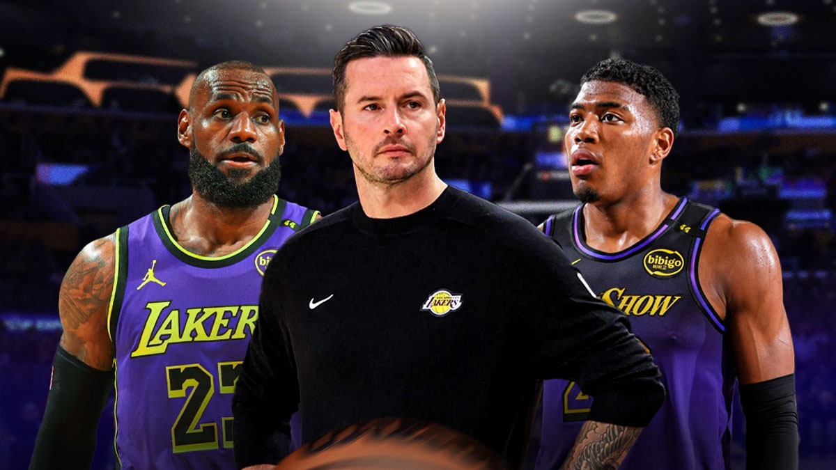 LA Lakers coach JJ Redick in the middle. Have LeBron James on one side of him and Rui Hachimura on the other side. Have the Lakers arena in the background schedule