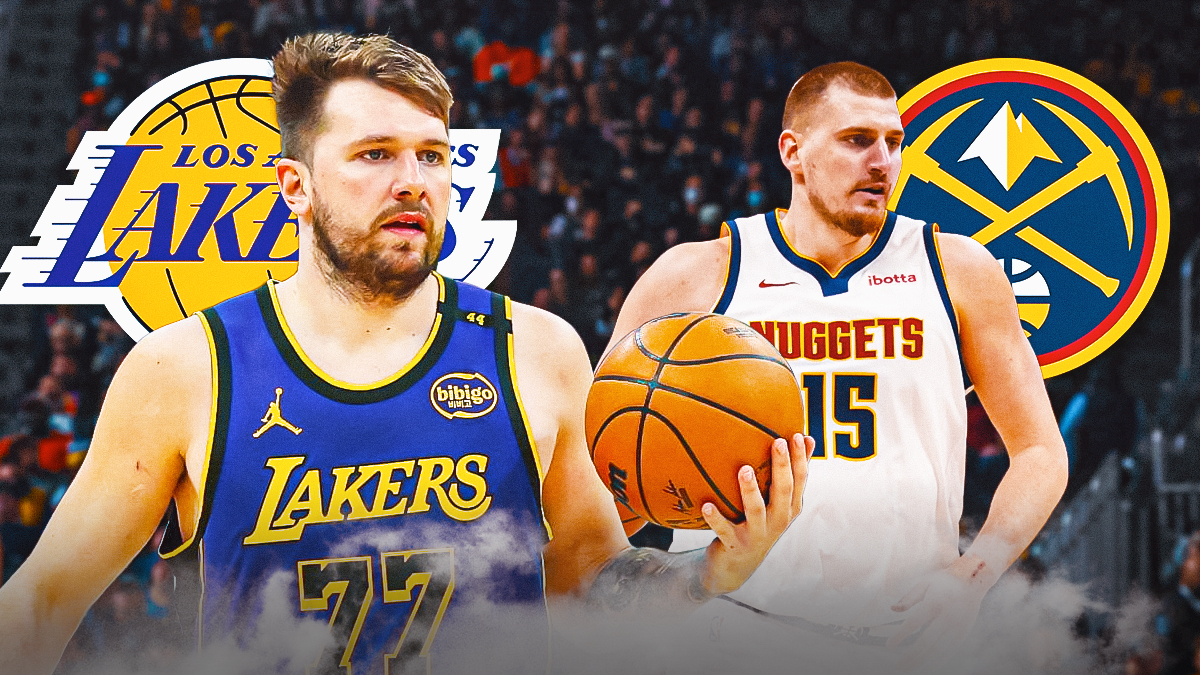 LA Lakers player Luka Doncic alongside Denver Nuggets player Nikola Jokic. Have the Lakers and Nuggets logos in the background