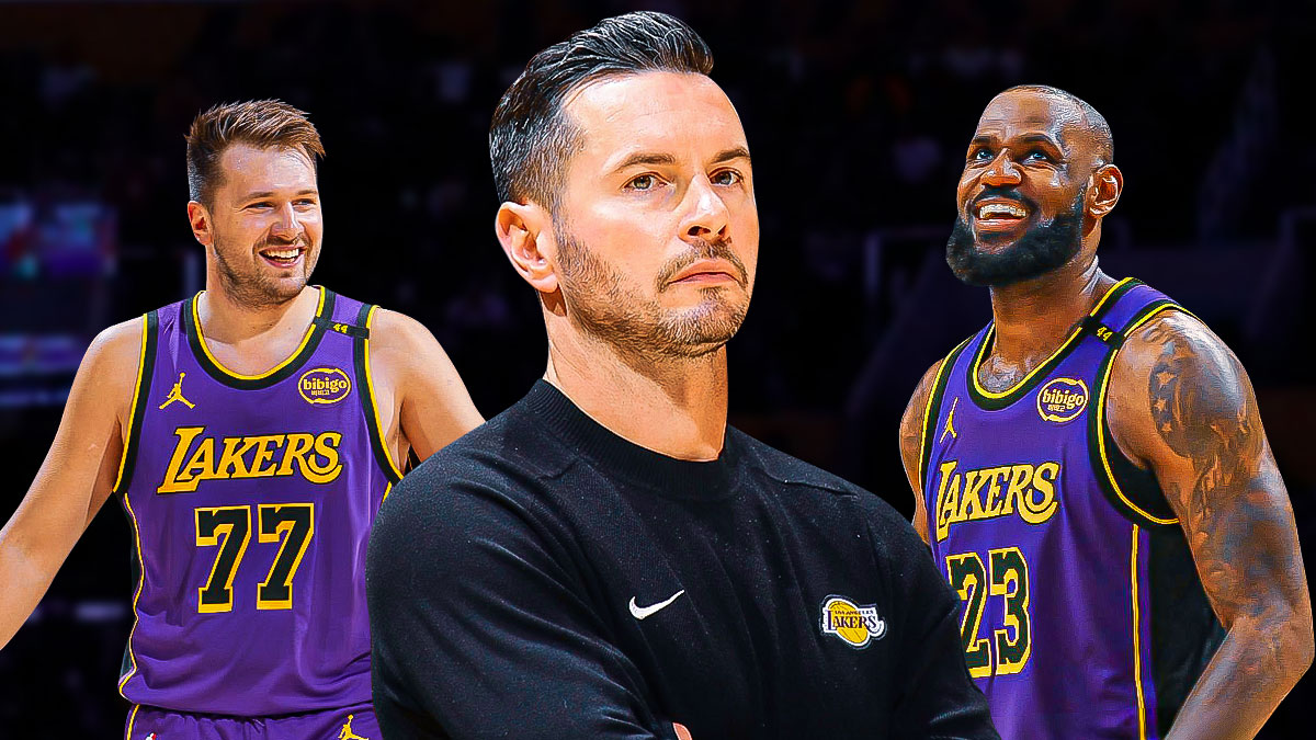 LA Lakers coach JJ Redick alongside LA Lakers players LeBron James and Luka Doncic, playoffs