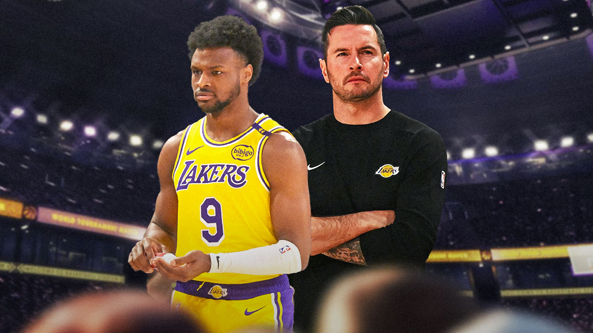 LA Lakers coach JJ Redick alongside LA Lakers player Bronny James. Have the Lakers arena in the background