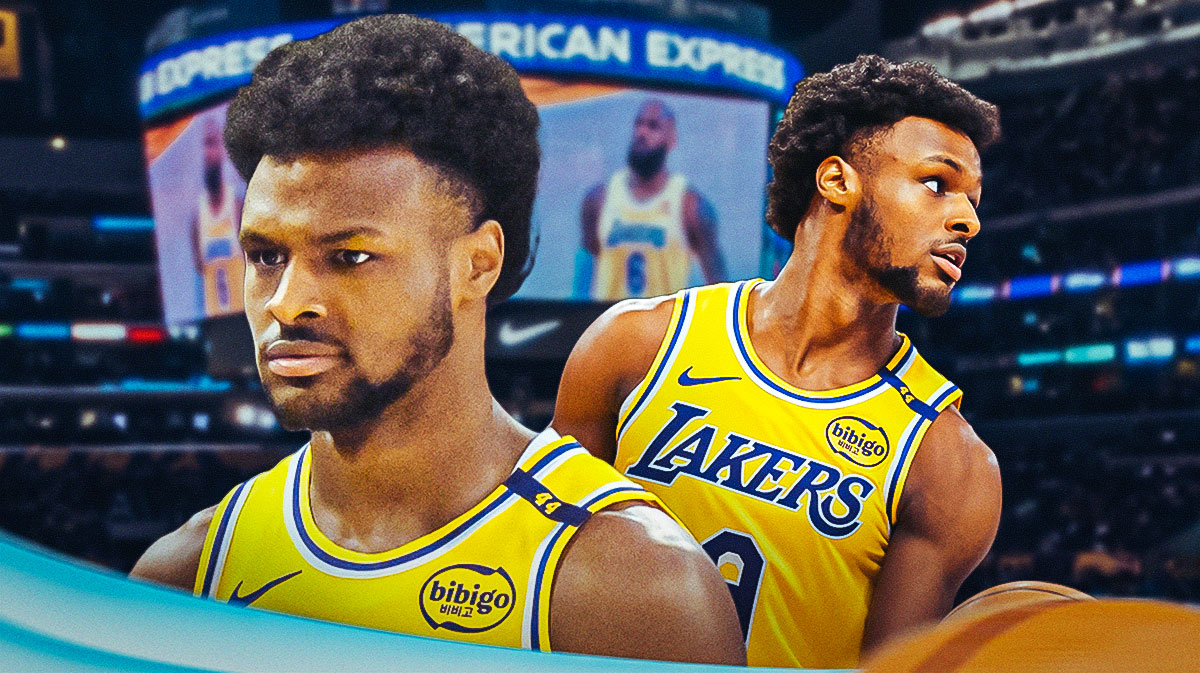 LA Lakers player Bronny James with the LA Lakers arena in the background, G League South Bay