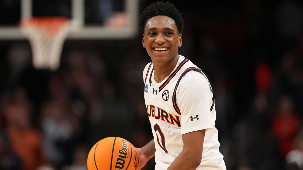 Mar 28, 2025; Atlanta, GA, USA; Auburn Tigers guard Tahaad Pettiford (0) celebrates in the second half of a South Regional semifinal of the 2025 NCAA tournament against the Michigan Wolverines at State Farm Arena.