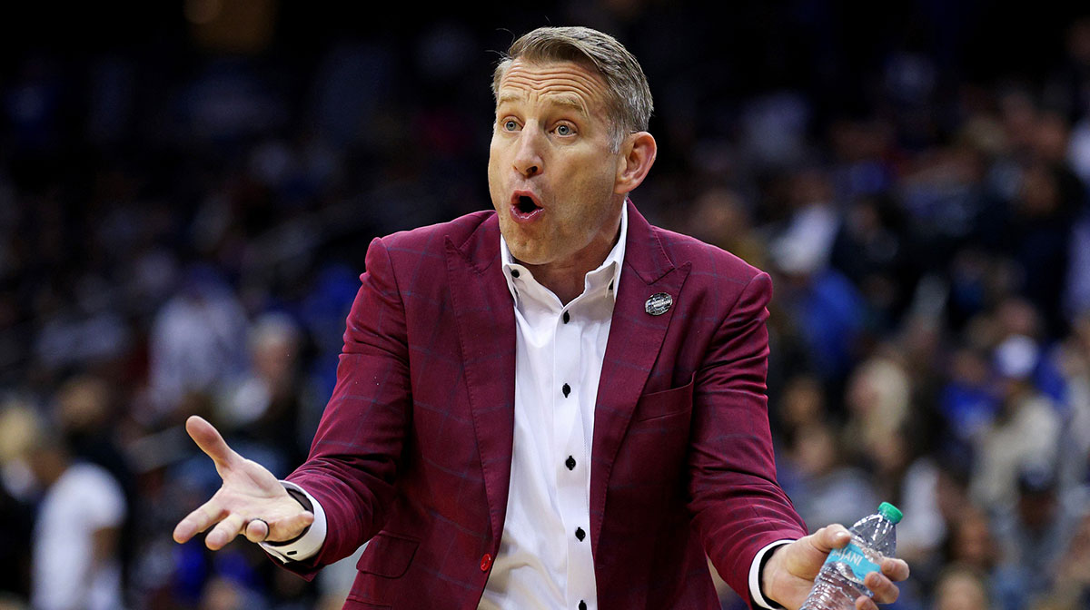 Mar 29, 2025; Newark, NJ, USA; Alabama Crimson Tide head coach Nate Oats reacts to a call during the first half against the Duke Blue Devils in the East Regional final of the 2025 NCAA tournament at Prudential Center.