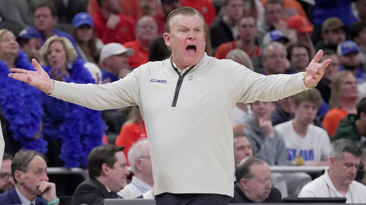 Illinois head coach Brad Underwood is shown during the second half of their second round NCAA men’ s basketball tournament game Sunday, March 23, 2025 at Fiserv Forum in Milwaukee, Wisconsin. Kentucky beat Illinois 84-75.