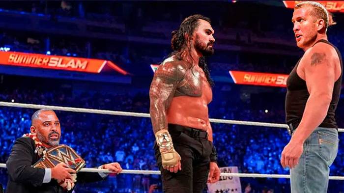 Rockets' Ime Udoka as Paul Heyman, Steven Adams as Roman Reigns, Mason Plumlee as Brock Lesnar