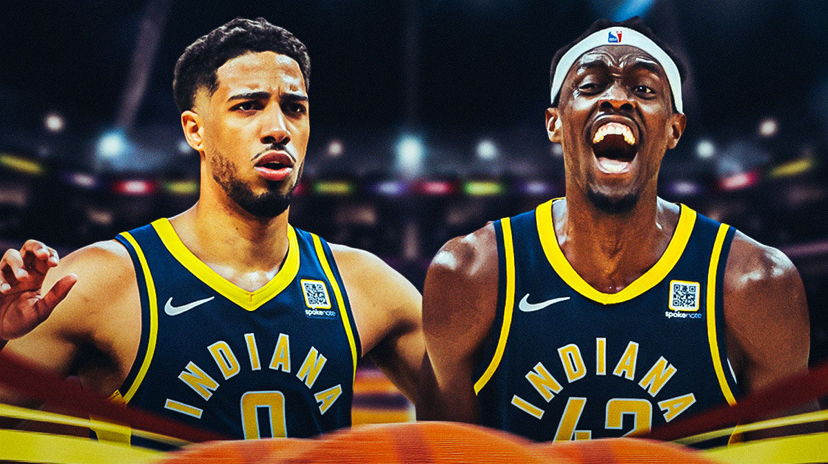 Featured Graphic idea: Image of Pacers guard Tyrese Haliburton and Pacers forward Pascal Siakam both getting upset