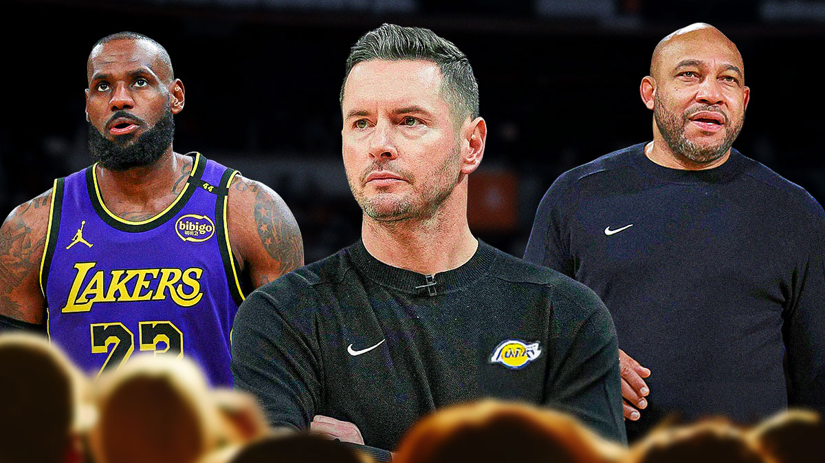 JJ Redick on one side with LeBron James and then Darvin Ham in Lakers gear on the other side.