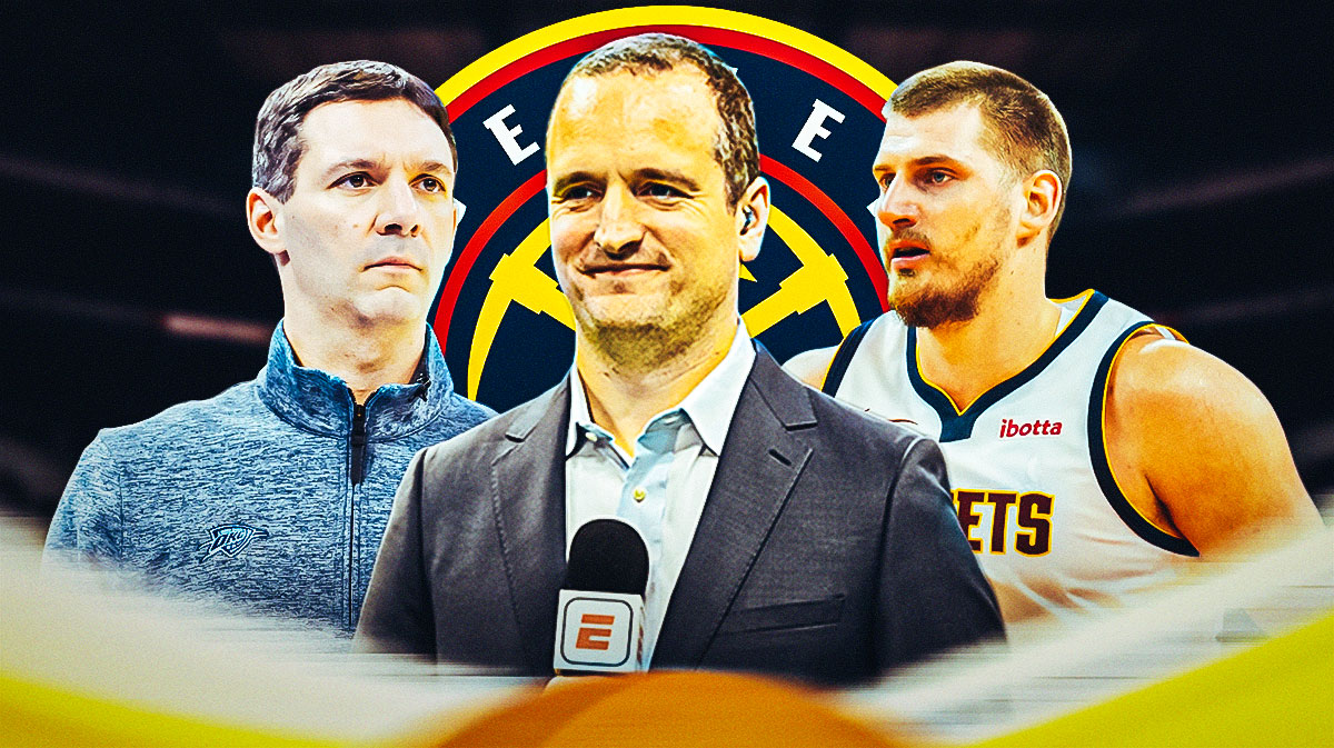 Thunder head coach Mark Daigneault next to ESPN's Tim Bontemps with Nikola Jokic and the Nuggets logo in the background