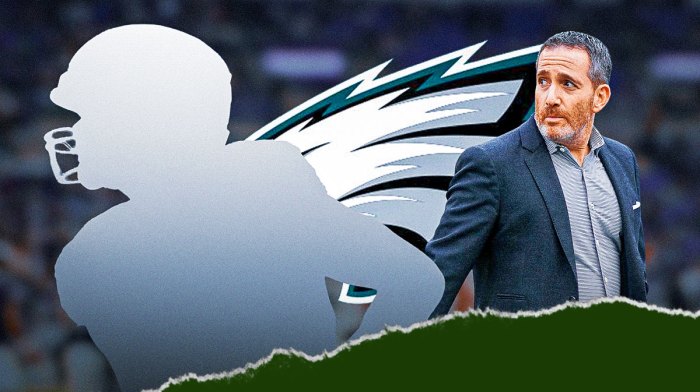 Dallas Goedert as a silhouette. Howie Roseman. Eagles logo.