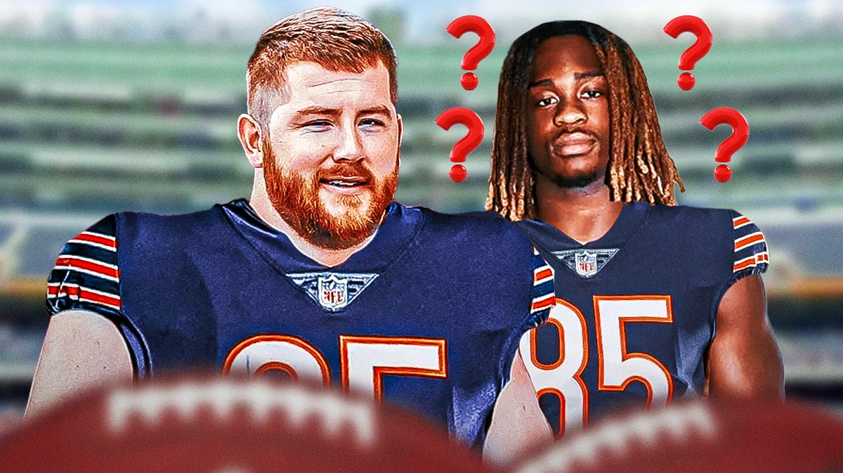 Joe Thuney in a Bears jersey, and Ashton Jeanty in a photoshopped Bears jersey with question marks surrounding Jeanty.