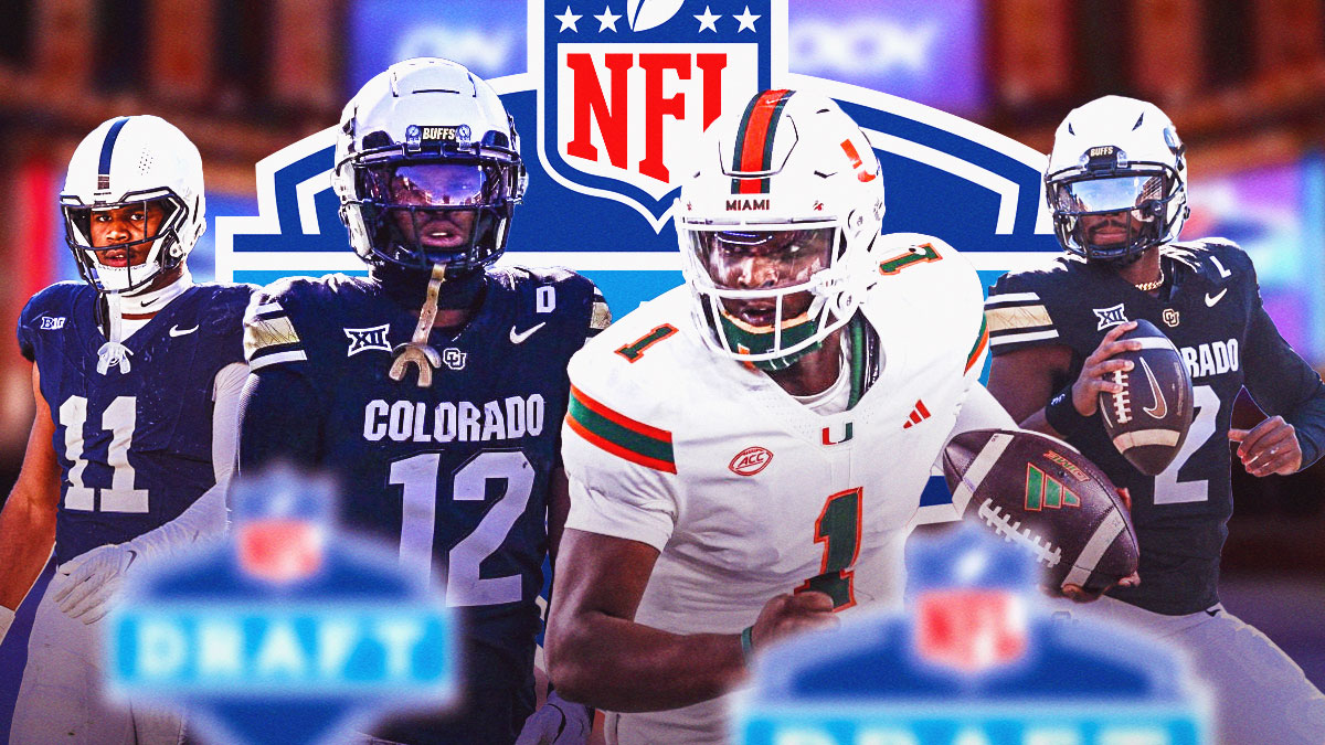 Penn State's Abdul Carter, Colorado's Travis Henry, Miami's Cam Ward and Colorado's Shedeur Sanders with an NFL draft logo behind them as the titans consider a draft trade instead of picking abdul carter or cam ward