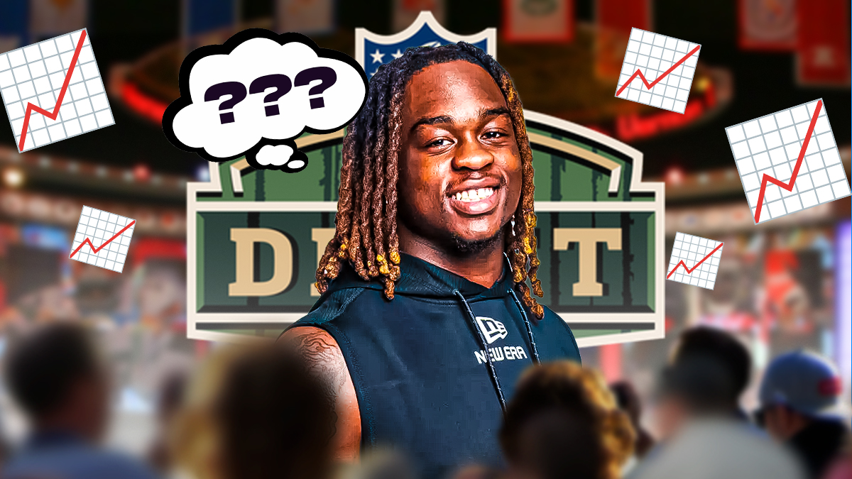 Boise State RB Ashton Jeanty smiling/looking happy with THOUGHT BUBBLE above his head. Inside the bubble, multiple question marks. Multiple 📈 emojis throughout background. Also 2025 NFL Draft logo in background. Background is NFL Draft stage.