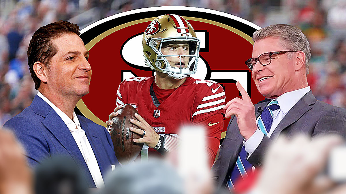 San Francisco 49ers QB Brock Purdy with Peter Schrager and Dan Patrick. There is also a logo for the San Francisco 49ers.