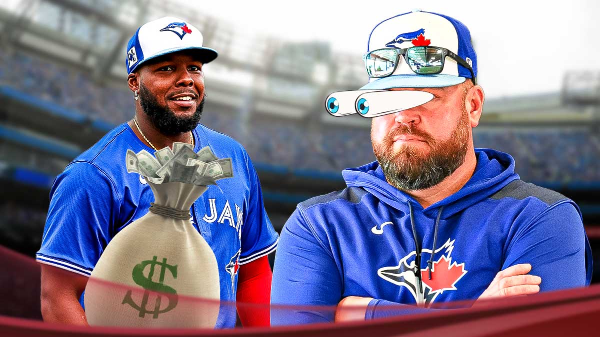Toronto Blue Jays manager John Schneider with big cartoon eyes looking at Vladimir Guerrero Jr in a Blue Jays uniform holding a big back of cash as the blue jays could sign guerrero to a new contract extension.