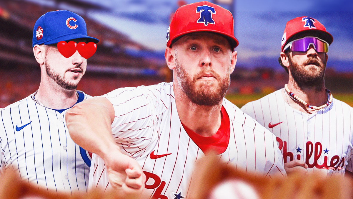 Kyle Tucker in a Chicago Cubs uniform with hearts in his eyes looking at Bryce Harper and Zack Wheeler in Philadelphia Phillies uniforms as tucker could pass on a cubs extension to sign with the phillies.