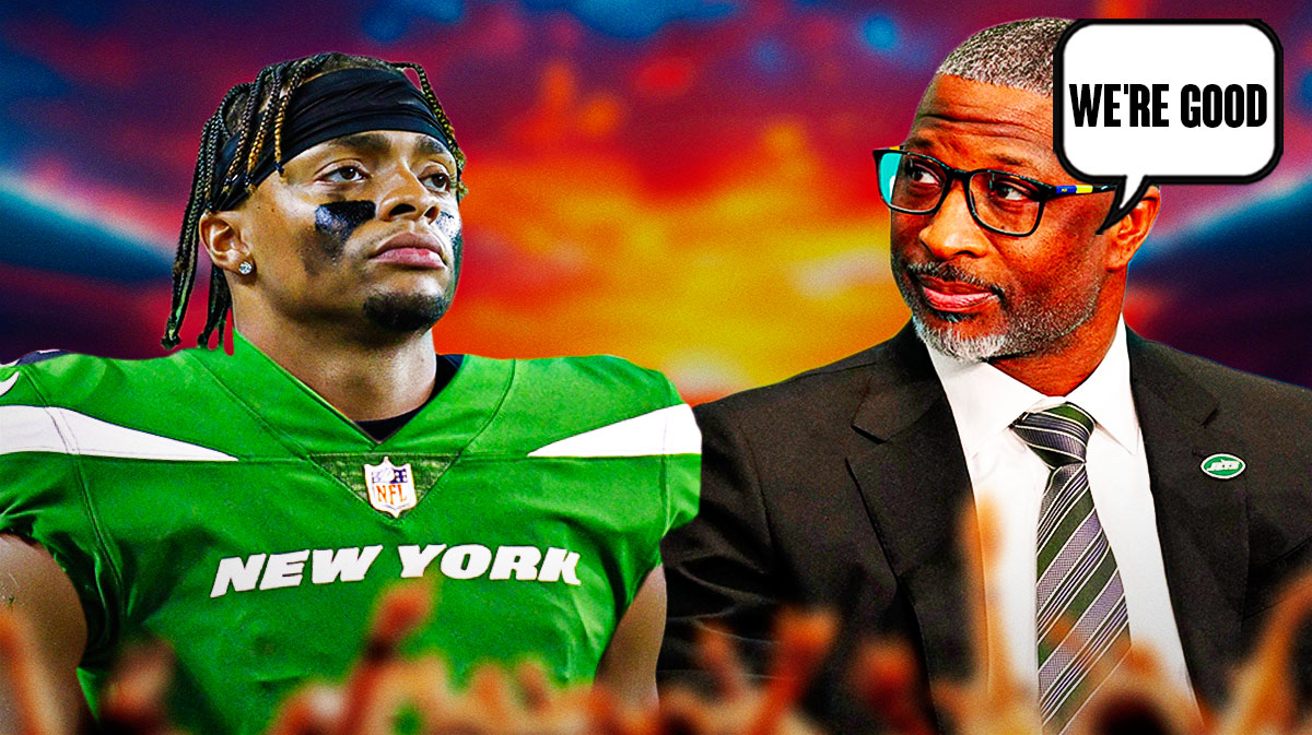 Justin Fields in a New York Jets uniform and Jets coach Aaron Glenn with a word bubble that reads We're good as jets decide if they'll add a quarterback in the nfl draft.