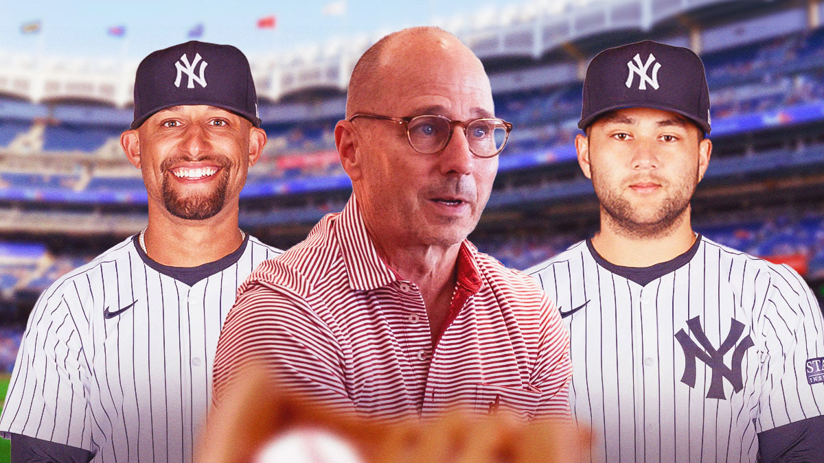 New York Yankees general manager Brian Cashman on phone and/or talking in center, Minnesota Twins third baseman Royce Lewis (with jersey swap to New York Yankees) on left side, Toronto Blue Jays shortstop Bo Bichette (with jersey swap to New York Yankees) on right side, Yankee Stadium (home stadium of the New York Yankees) in background