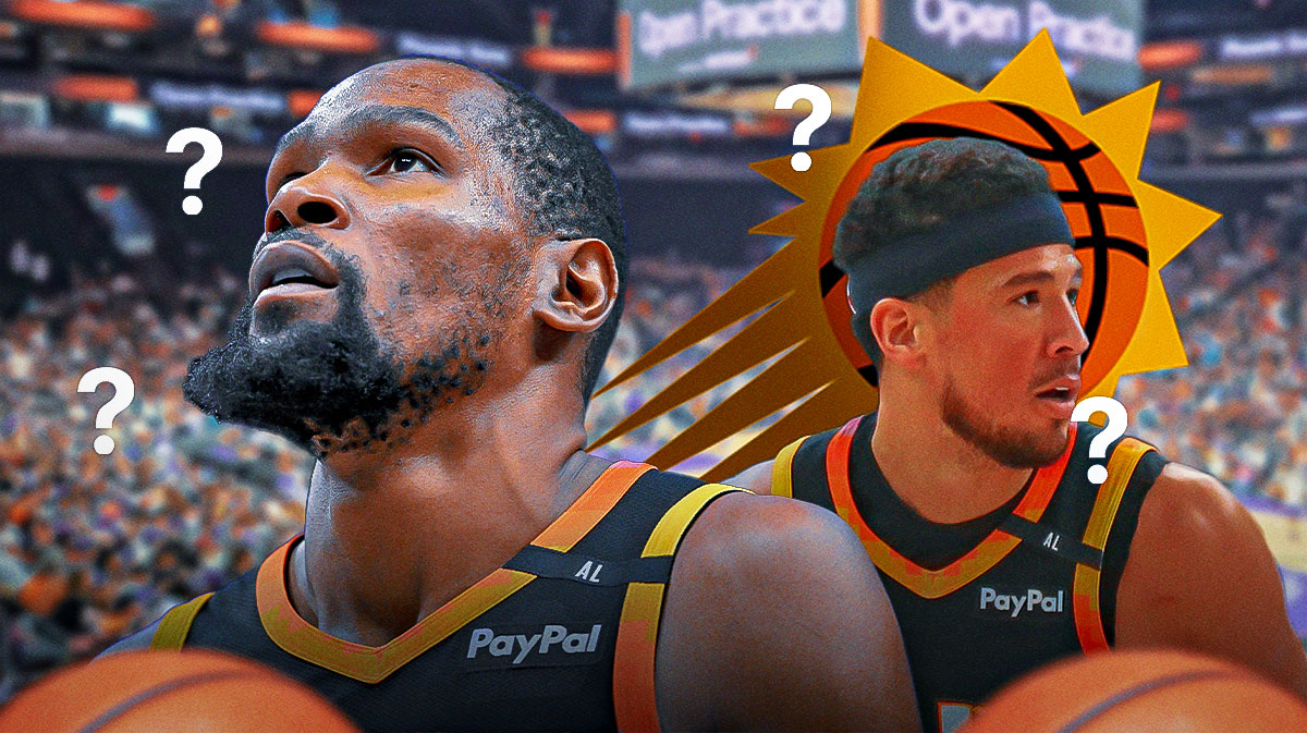 Kevin Durant looking up, with the Suns logo next to him, and question marks around him.