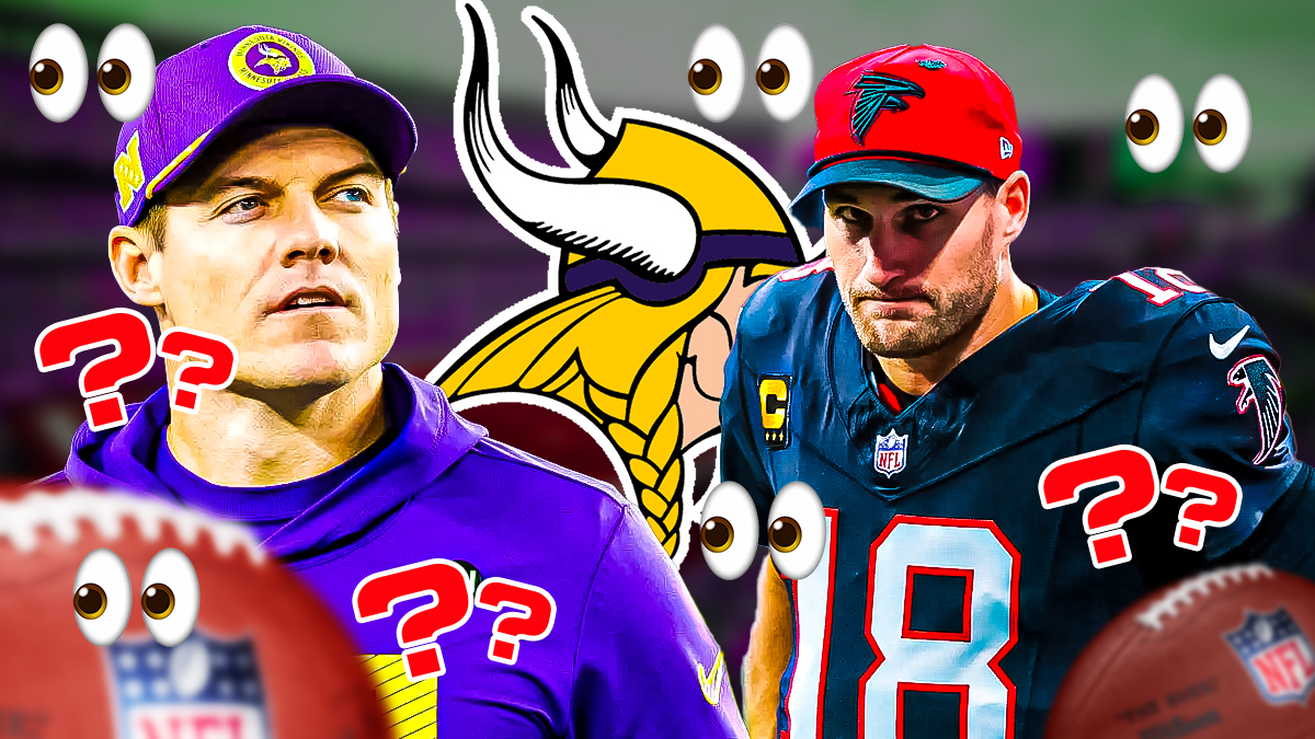 Vikings HC Kevin O'Connell looking at QB Kirk Cousins with multiple 👀 and ❓ emojis in background. Big Vikings logo in background, centered. Background is US Bank Stadium.