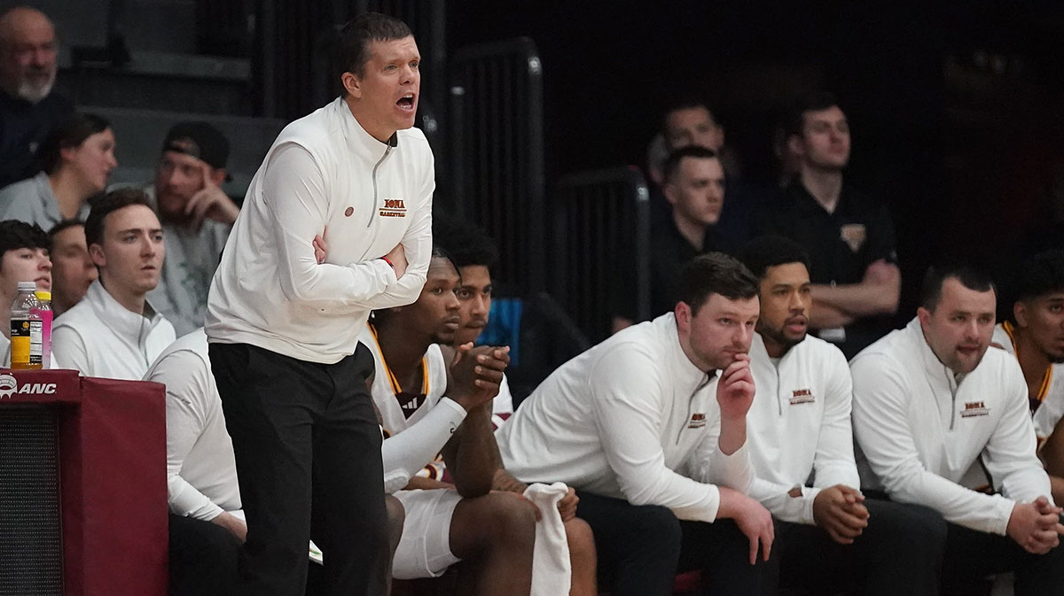 Iona head coach Tobin Anderson shouts from the bench during NCAA mens basketball action against Hofstra at Iona University in New Rochelle on Wednesday, Dec 6, 2023.