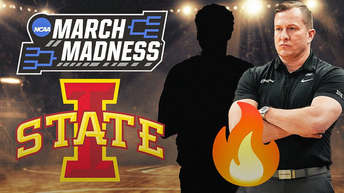 TJ Otzelberger, Silhouette of Joshua Jefferson, Iowa State Cyclones and NCAA Tournament logos, fire symbols