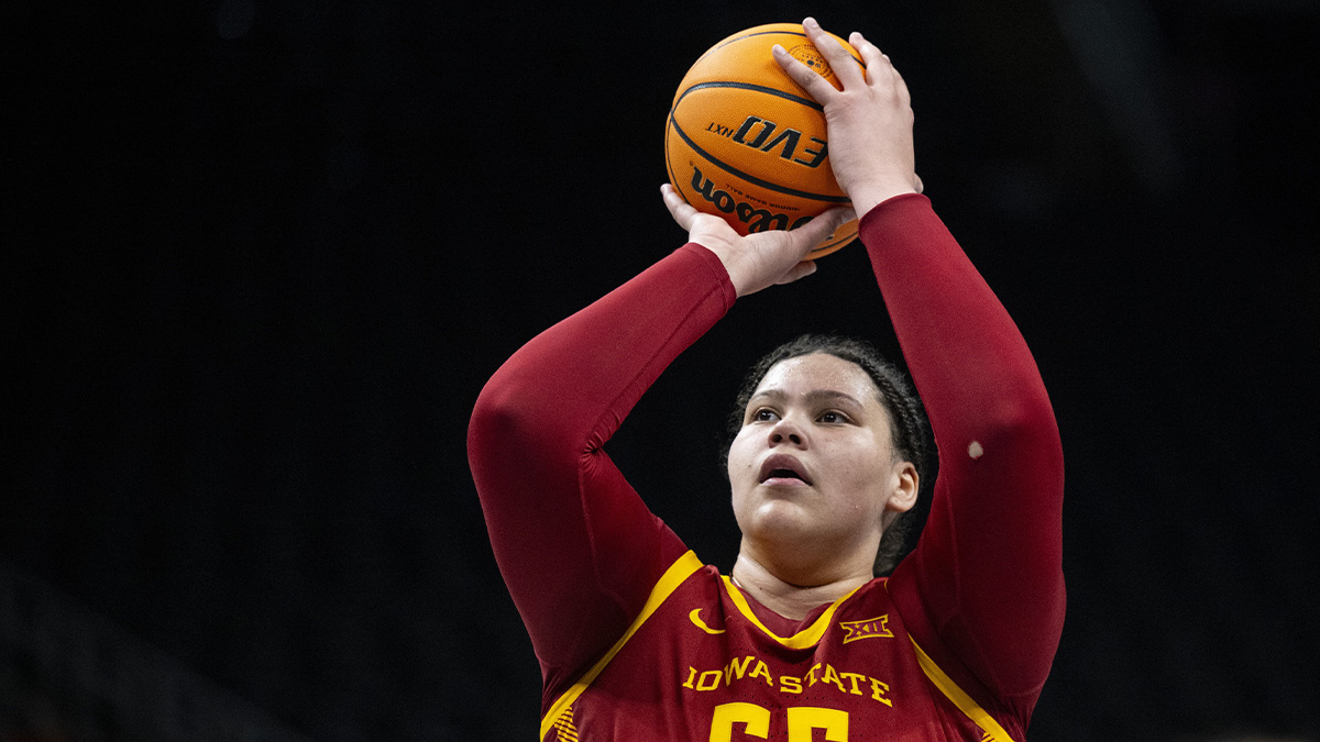 Iowa State women's basketball center Audi Crooks (55) shoots a free throw against the Baylor Lady Bears in the second half.