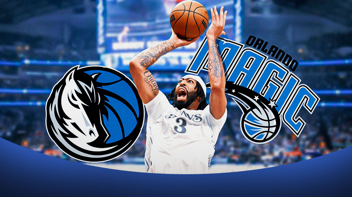 Mavericks Anthony Davis shooting a basketball in front. Dallas Mavericks and Orlando Magic 2024-25 logos in background.