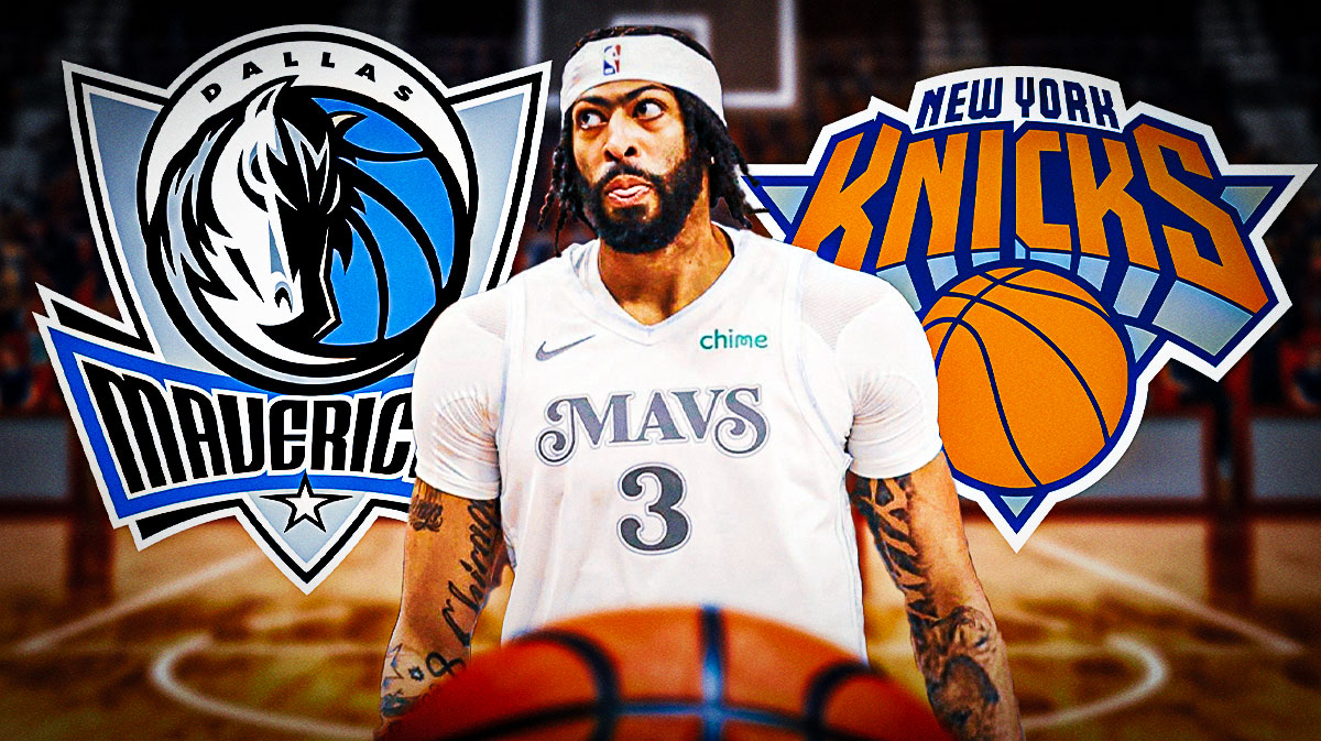 Mavericks Anthony Davis looking serious in front. Dallas Mavericks and New York Knicks 2024-25 logos in background.