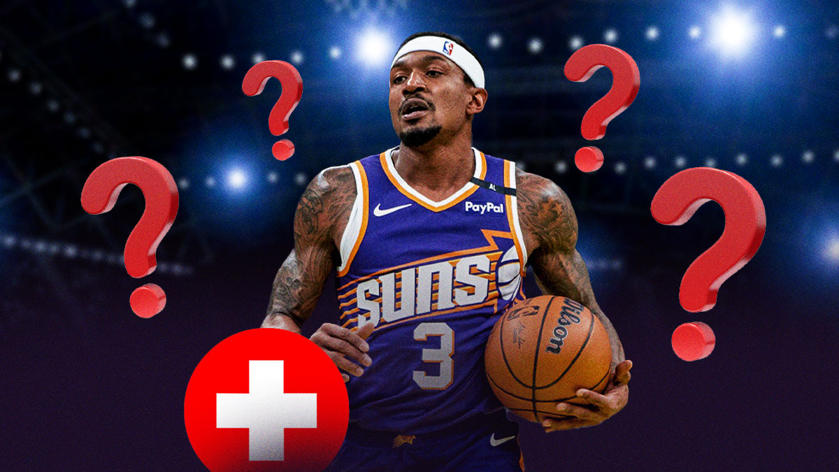Bradley Beal in a Suns jersey with medical signs and question marks around him.