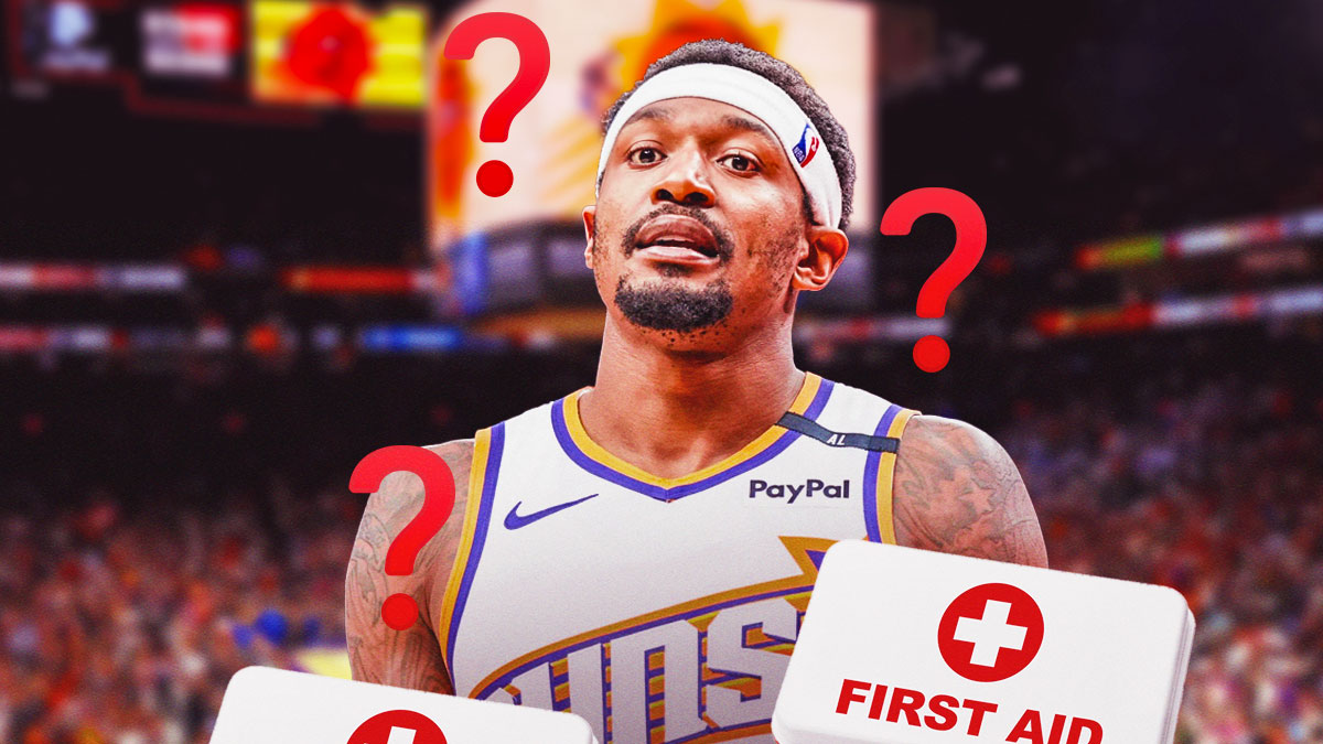 Suns guard Bradley Beal with question marks and first-aid kits around him.