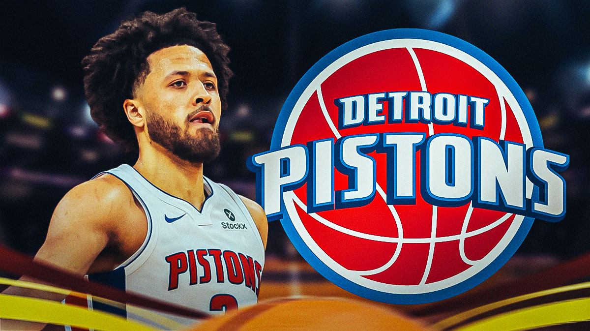 Detroit Pistons player Cade Cunningham with the Pistons logo in the background, injury