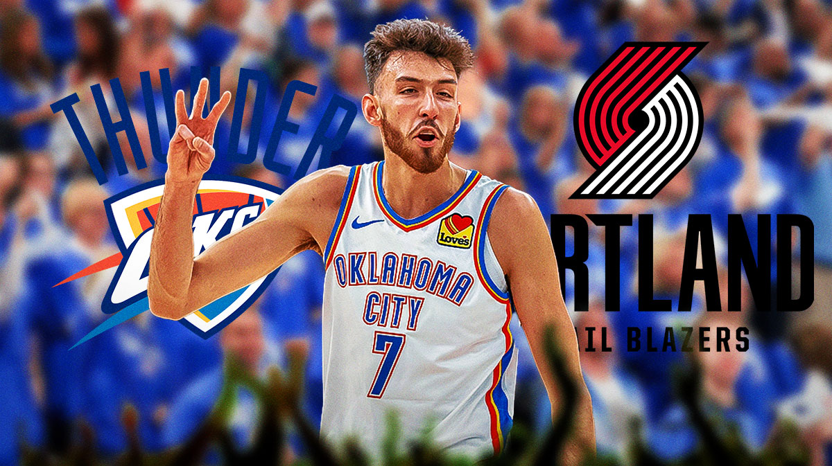 Thunder Chet Holmgren injury (center). Oklahoma City Thunder logo and Portland Trail Blazers logo in background