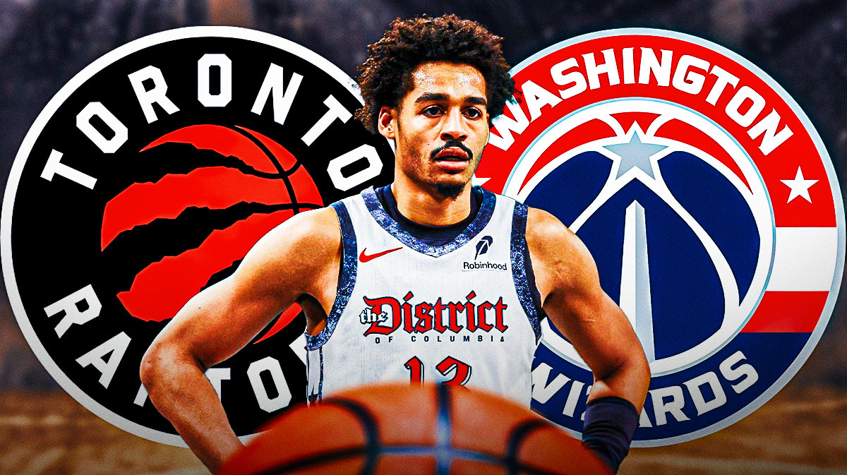 Wizards Jordan Poole (front, center) with Washington Wizards logo and Toronto Raptors logo in background