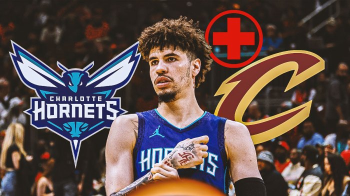 Hornets guard LaMelo Ball next to the Hornets and Cavs logos with the health symbol in the background