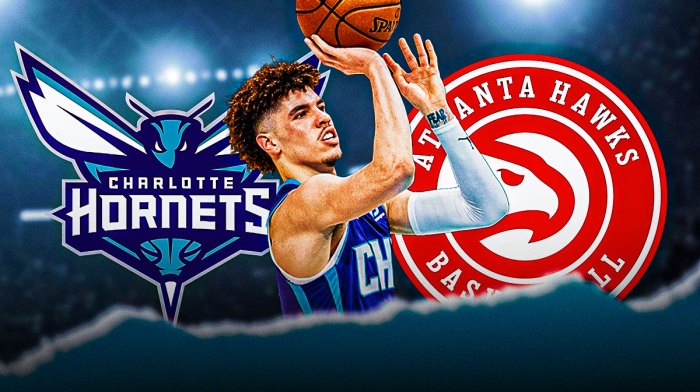 Hornets LaMelo Ball shooting a basketball with the Charlotte Hornets and Atlanta Hawks logos in background.