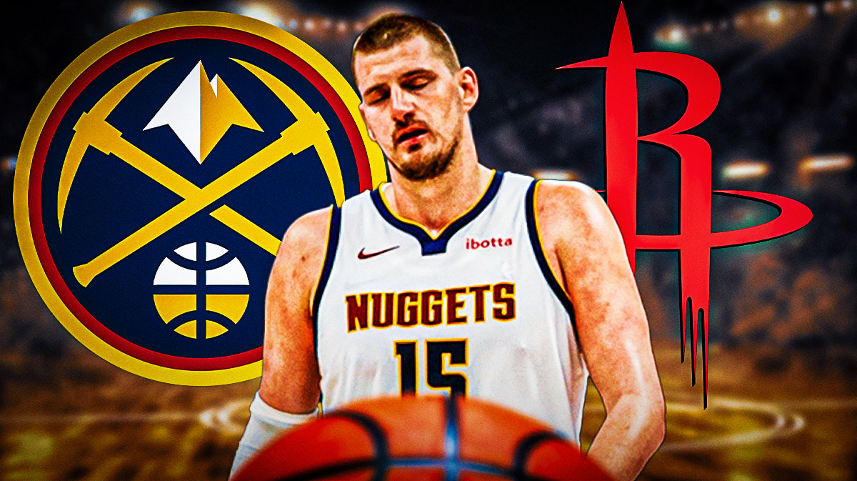 Nuggets Nikola Jokic with medical red cross. Denver Nuggets and Houston Rockets logo in background