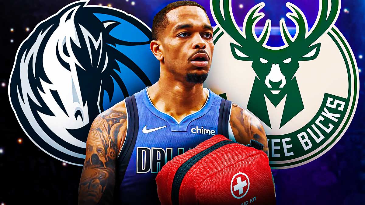 Mavs forward PJ Washington next to the Mavs and Bucks logos with the health symbol in the background