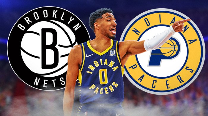 Pacers Tyrese Haliburton with the Indiana Pacers and Brooklyn Nets 2024-25 logos in background.