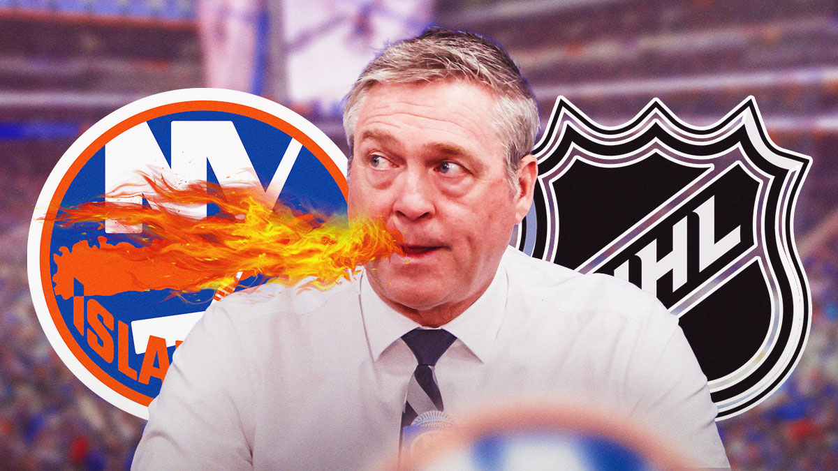 Islanders coach Patrick Roy breathing fire at the NHL logo.