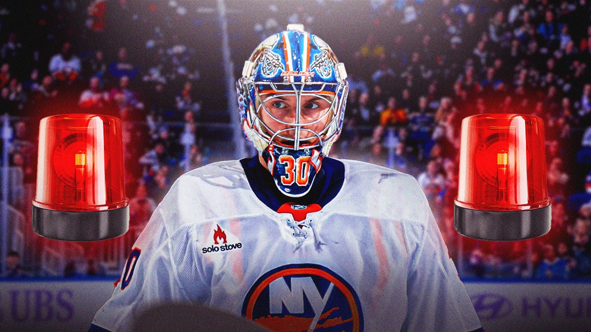 New York Islanders goalie Ilya Sorokin in center, excited and happy New York Islanders fans on left and right sides, alarm sirens on left and right sides, UBS Arena (home arena of the New York Islanders) in background